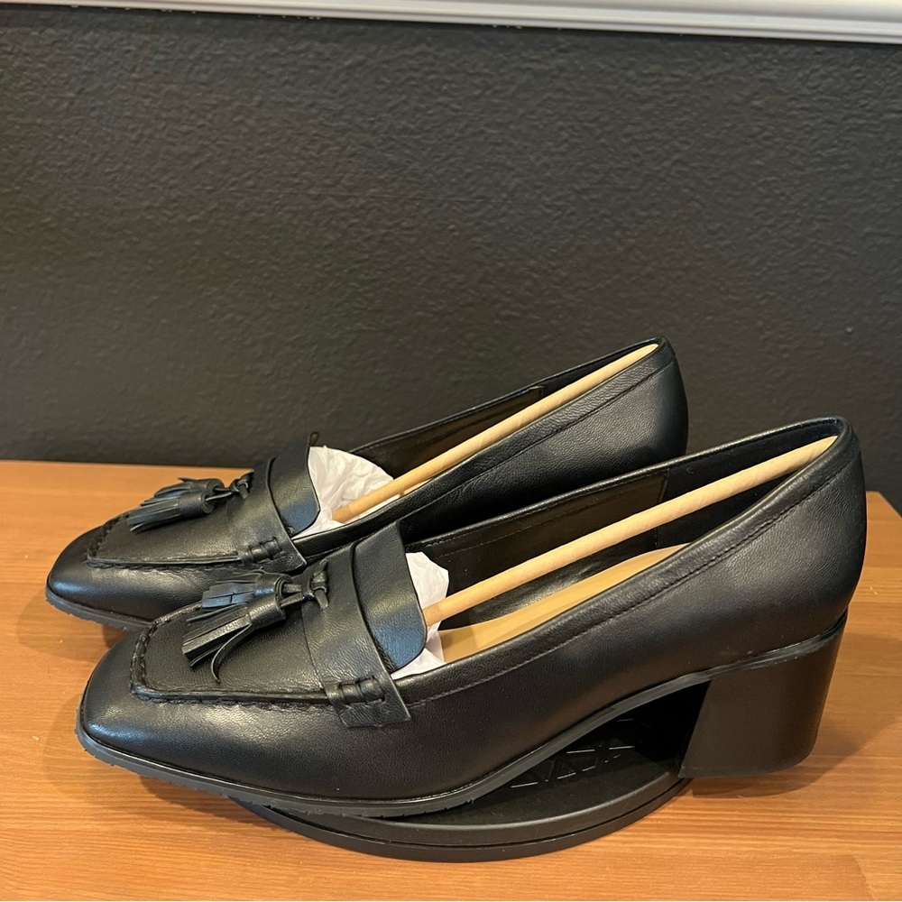 NYDJ Women’s Black Goat Dexter Go Leather Tassel Block Heel Slip On Loafers 10